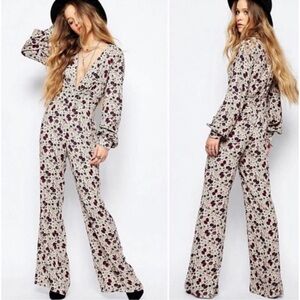Free People Some Like It Hot ,Purple and White Jumpsuit with Plunging V-Neckline